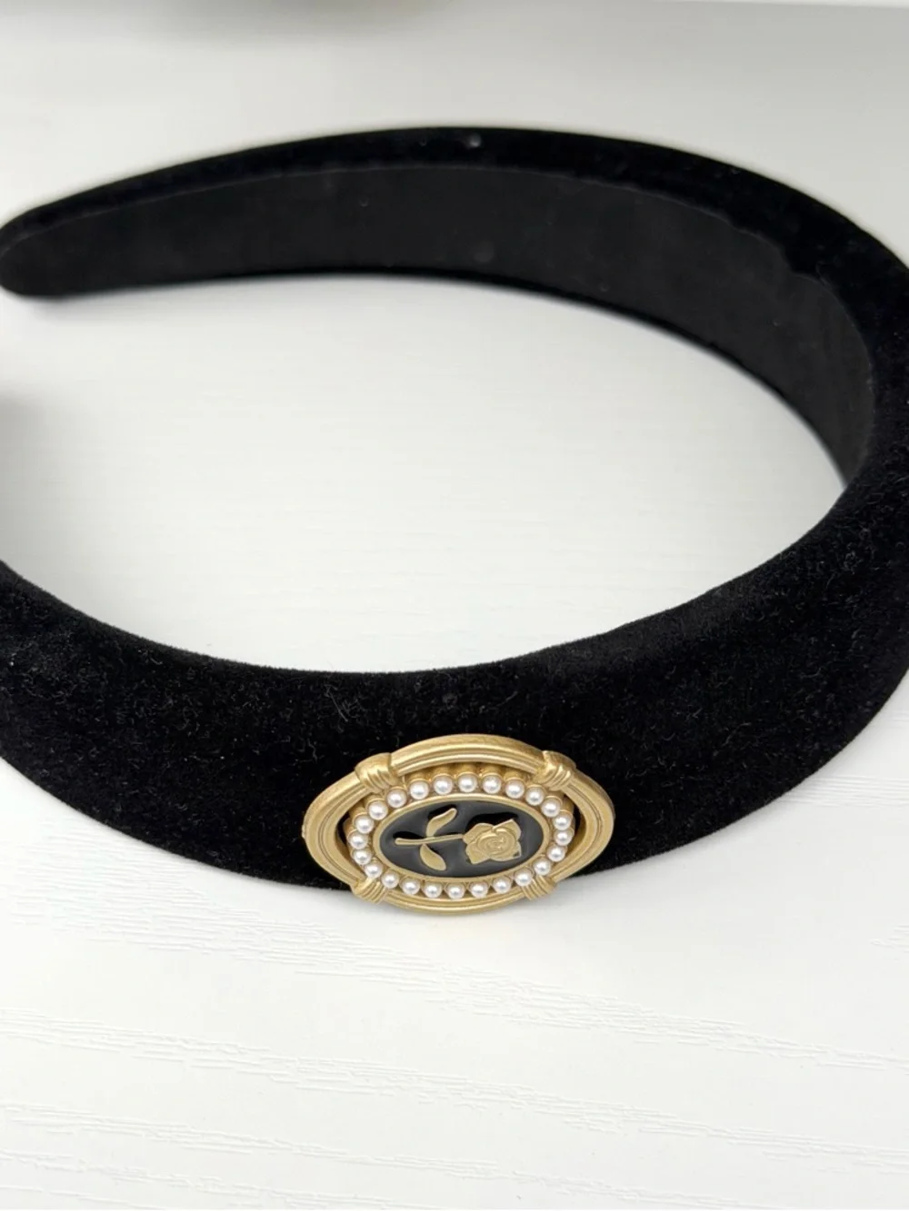Black Velvet Headband with Gold & Pearl Floral Emblem - Picture 3 of 3